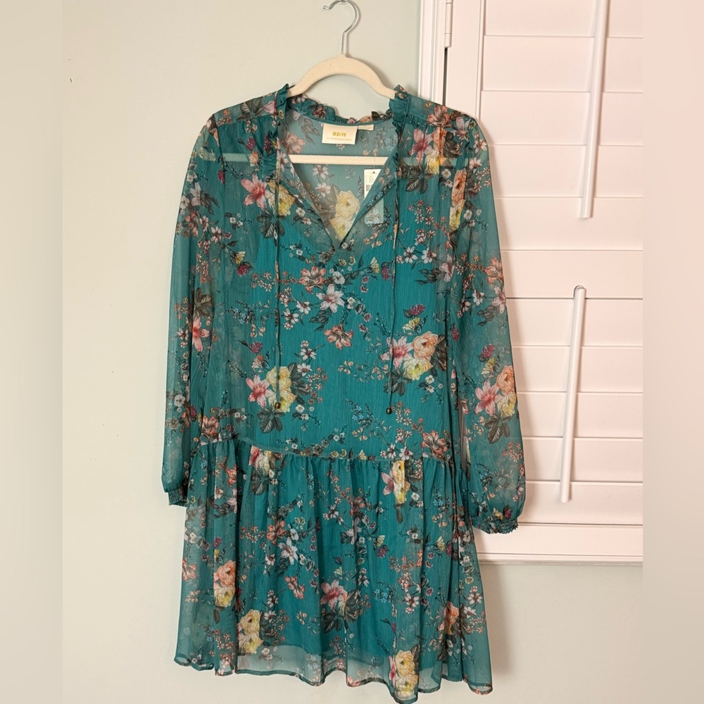 Maeve Anthropologie Floral Mini Dress Sheer Green Size Small NWT